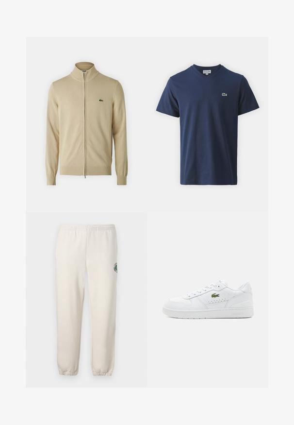 Beige ritscardigan met hoge kraag en geribbelde mouwen. Geborduurd groen logo op de borst. Zachte breipatroon, gestroomlijnd ontwerp.; Klein groen geborduurd krokodillenlogo met witte rand en rood oog op donkerblauwe stofachtergrond.; Lichtbeige sweatpants van katoen, met een elastische tailleband, geribde boorden en een groen logo met een bladerenontwerp op het linkerpand.; Witte leren sneakers met geperforeerde accenten, platte veters en een klein groen logo aan de zijkant. Rubberen zool en gewatteerde kraag voor comfort.