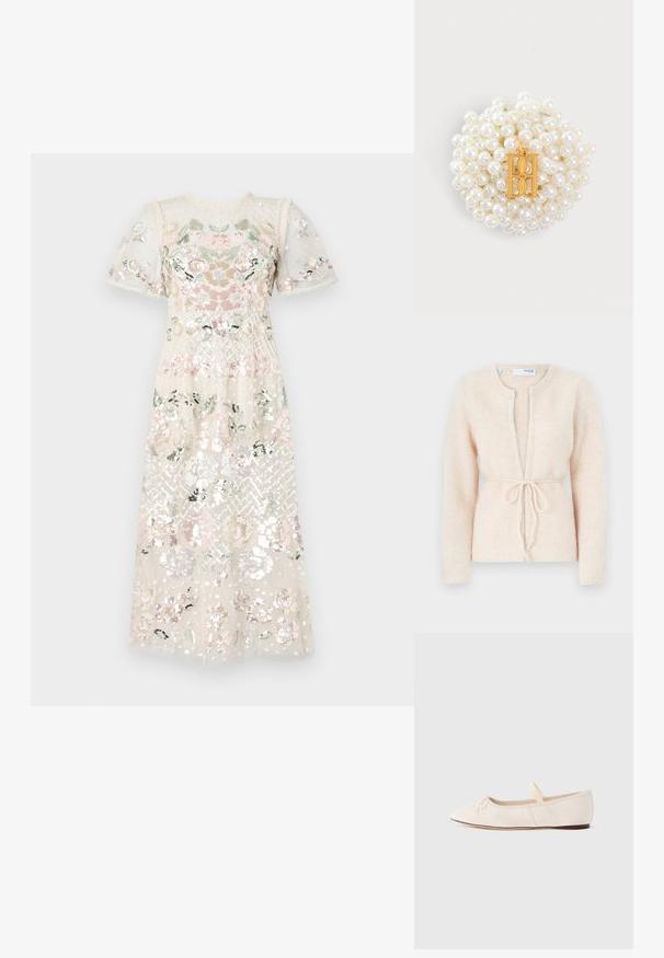 Beige gestrickte Strickjacke mit langen Ärmeln, offener Vorderseite und Bindegürtel. Strukturiertes Material, geripptes Muster und kragenloses Design.; Kleid aus transparentem, paillettenbesetztem Stoff mit floralen Stickereien in Pastellfarben. Kurze Puffärmel und runder Ausschnitt. Midi-Länge.; Ballerinas mit einem hellbeigen Obermaterial aus Wildleder, spitzer Zehenpartie und einem dünnen elastischen Riemen über dem Spann. Flache Sohle mit minimalem Gummiakzent.; Ansammlung kleiner weißer Perlen, die eine runde Form bilden, mit einem rechteckigen goldenen Anhänger in der Mitte mit einem dekorativen Buchstaben H.