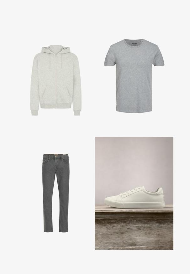 Lys grå zip-up hoodie lavet af blødt stof med en forlommer, snor i huen og ribbede manchetter og kant.; Grå kortærmet T-shirt lavet af blød bomuld. Har en klassisk rund halsudskæring og en regulær pasform. Enkel design uden mønstre eller detaljer.; Grå denim jeans med lige ben, fem lomme design og en lille metalknap lukning. Stoffet har en glat tekstur og en let stræk.; Hvide snørresneakers svævende over en træbænk med grønne planter i baggrunden, der fremhæver skodesign og tekstur.