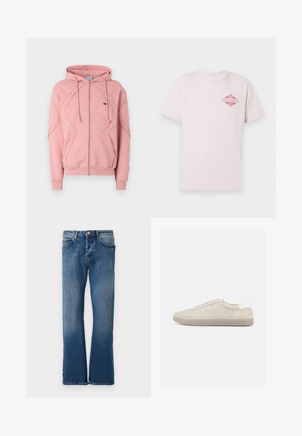 Roze zip-up hoodie gemaakt van zachte stof, met ribgebreide boorden, zoom en decoratieve stiksels langs de mouwen en de voorkant. Verstelbare capuchontouwen.; Lichtroze T-shirt met korte mouwen en een rood ruitvormig ontwerp met de tekst "Miami Replay Palace Florida" op de bovenste linkerborst.; Lichtblauwe denim jeans met een rechte pijpontwerp, voorzien van vijf zakken, een knoopsluiting en subtiele vervagingen op de stof.; Beige suède sneaker met een gestructureerd bovenwerk, een gladde witte hielkap, dunne veters en een rubberen buitenzool. Heeft een slank, laag profiel.