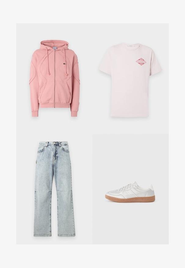 Roze zip-up hoodie gemaakt van zachte stof, met ribgebreide boorden, zoom en decoratieve stiksels langs de mouwen en de voorkant. Verstelbare capuchontouwen.; Lichtroze T-shirt met korte mouwen en een rood ruitvormig ontwerp met de tekst "Miami Replay Palace Florida" op de bovenste linkerborst.; Lichtblauwe denim broeken met een relaxte pasvorm, vervaagde textuur, vijf zakken en een knoopsluiting op de tailleband. Platte naden en wijde pijpen.; Zilveren sneakers met een gladde textuur, vetersluiting, geperforeerde accenten en een gestructureerde bruine rubberen zool.
