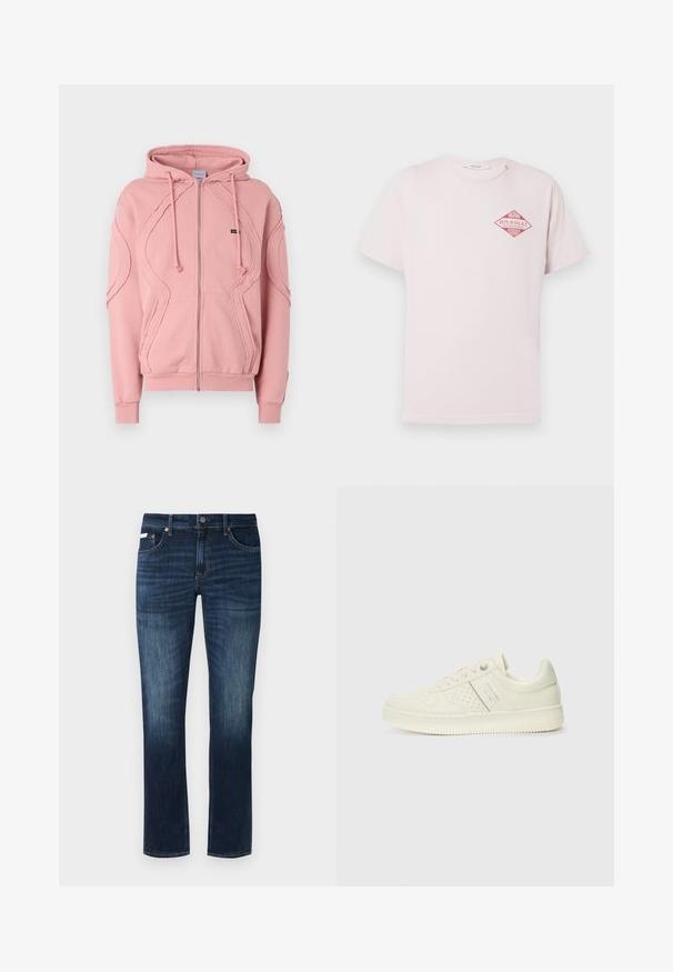 Roze zip-up hoodie gemaakt van zachte stof, met ribgebreide boorden, zoom en decoratieve stiksels langs de mouwen en de voorkant. Verstelbare capuchontouwen.; Lichtroze T-shirt met korte mouwen en een rood ruitvormig ontwerp met de tekst "Miami Replay Palace Florida" op de bovenste linkerborst.; Donkerblauwe denim jeans met een rechte pasvorm, voorzien van een klassiek vijf-pocketontwerp, koperen details en subtiele vervagingselementen.; Crème-kleurige sneaker met geperforeerde details, veters en een logo aan de zijkant, weergegeven tegen een eenvoudige witte achtergrond.