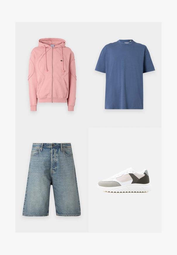 Lyserød zip-hættejakke lavet af blødt stof, med ribbede manchetter, kant og dekorativ syning langs ærmerne og foran. Justerbare hætte-snore.; Blå kortærmet T-shirt lavet af blødt bomuld, med rund halsudskæring og en afslappet pasform, samt minimale syninger.; Denim shorts med en lys blå vask, fem-lomme design og lige snit. Holdbart stof med synlige sømme og knaplukning.; Hvid og grå lavt snøresko med beige og mørkegrå accenter, hvide snørebånd og tyk hvid tekstureret sål, vist i sideprofil.