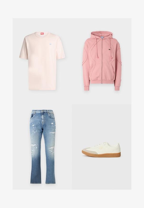 Haut zippé rose en tissu doux, avec des poignets côtelés, un ourlet côtelé et des coutures décoratives le long des bras et à l'avant. Cordon de capuche réglable.; T-shirt rose clair à manches courtes et col rond avec petit logo Diesel bleu sur la poitrine et étiquette Diesel rouge à l'intérieur du col.; Jean en denim bleu clair taille haute avec détails usés et coupe droite, présenté sur un fond blanc uni.; Baskets en cuir blanc avec une coque beige et une semelle en caoutchouc marron clair. Dotées de lacets blancs plats et d'un logo embossé sur le côté.