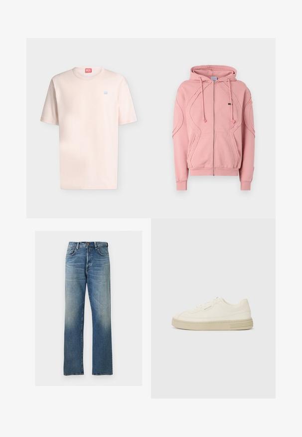 Haut zippé rose en tissu doux, avec des poignets côtelés, un ourlet côtelé et des coutures décoratives le long des bras et à l'avant. Cordon de capuche réglable.; T-shirt rose clair à manches courtes et col rond avec petit logo Diesel bleu sur la poitrine et étiquette Diesel rouge à l'intérieur du col.; Jean bleu droit en denim avec un lavage légèrement délavé, design cinq poches et fermeture par bouton à la taille.; Baskets en toile blanches avec une semelle en caoutchouc texturée, présentant un capuchon de chaussure cousu et un accent de logo sur le talon. Design simple à lacets.