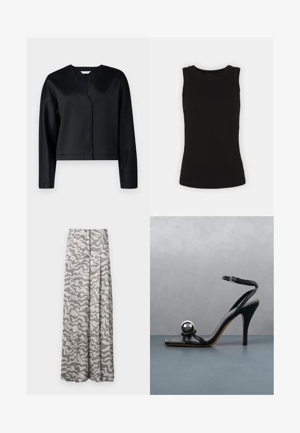 Sort cropped jakke med en glat satinfinish, der har V-udskæring og lange ærmer, rene linjer, og ingen synlige lukninger.; Sort ærmeløs tanktop i ribbet bomuld med rund halsudskæring og tætsiddende silhuet.; Bredde bukser i et letvægtsstof med et grå- og hvidt bølget camouflage-mønster, med knaplukning og plisseret design.; Sort højhælet sandal med ankelrem og metallisk sølv dekorativ bold på træfliset overflade udendørs med sløret grønne omgivelser og væg i baggrunden.