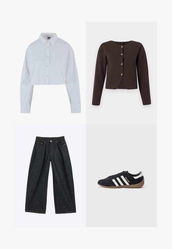 Cardigan long à manches longues marron foncé avec quatre boutons en argent et une petite fente à l'avant de l'ourlet.; Chemise blanche courte à col pointu, à manches longues et à texture lisse. Comprend une patte de boutonnage à l'avant avec des boutons assortis.; Jean denim bleu foncé à jambes larges avec poches avant et passants de ceinture, posé à plat sur un fond clair.; Baskets en daim noir avec trois bandes blanches, semelle en caoutchouc beige, et un petit logo doré sur le côté. Dotées d'une doublure intérieure noire lisse.