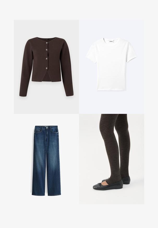 Donkerbruine lange mouw cardigan met vier zilveren knopen en een kleine uitsnijding aan de onderrand.; Effen wit T-shirt met korte mouwen en ronde hals met een klein "WEEKDAY" label aan de binnenkant van de hals, plat neergelegd op een lichte achtergrond.; Wijduitlopende donkerblauwe denim jeans met een lichte vervaging, voorzien van vijf zakken en een metalen knoopsluiting bij de taille.; Benen met donkere geribbelde leggings gecombineerd met zwarte ballerina's met kleine strikdetails op een witte achtergrond.