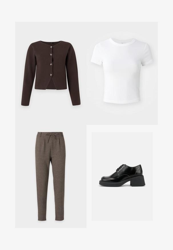 Mørkebrune langærmede cardigan med fire sølv knapper og en lille slids foran i kanten.; Simpel hvid kortærmet cropped t-shirt med rund halsudskæring, præsenteret på en neutral lys baggrund.; Brune tapered bukser med snøre i taljen og båndsøm, lavet af tekstureret stof, vist på en hvid baggrund.; Sort læder snøresko med chunky blokhæl og rundet tå, sidesyningsdetaljer og mærkelogo nær hælen.