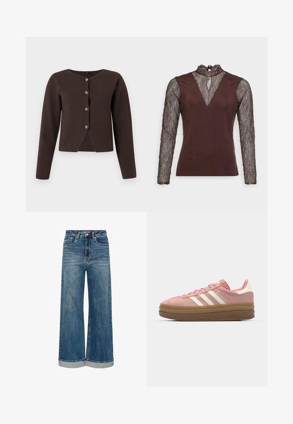 Mørkebrune langærmede cardigan med fire sølv knapper og en lille slids foran i kanten.; La Strada Unica HONEY - Langærmet T-shirt - brown; Blå jeans med vide ben, forreste knapper og lynlås, forreste lommer og opbukket kant.; adidas Originals GAZELLE BOLD - Sneakers - mauve/off white