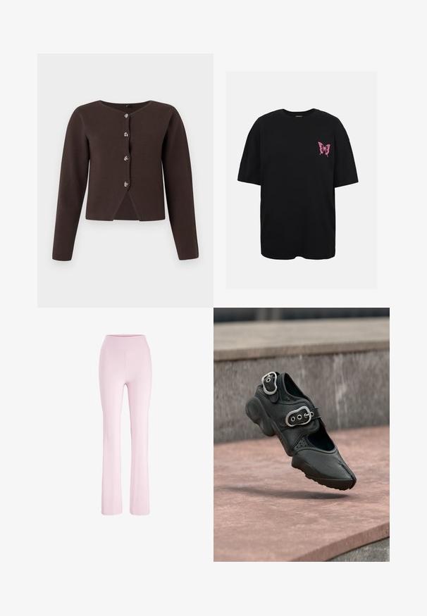 Mørkebrune langærmede cardigan med fire sølv knapper og en lille slids foran i kanten.; Sort T-shirt med korte ærmer med en lille pink sommerfugl på venstre brystområde på en ensfarvet baggrund.; Lyserøde yoga bukser med høj talje med tætsiddende pasform over lårene og let udvidede ben, vist på en hvid baggrund.; Sort sko med delt tå og to sølvspændere, tyk sål og perforerede detaljer, svævende over en stenovertagelse.