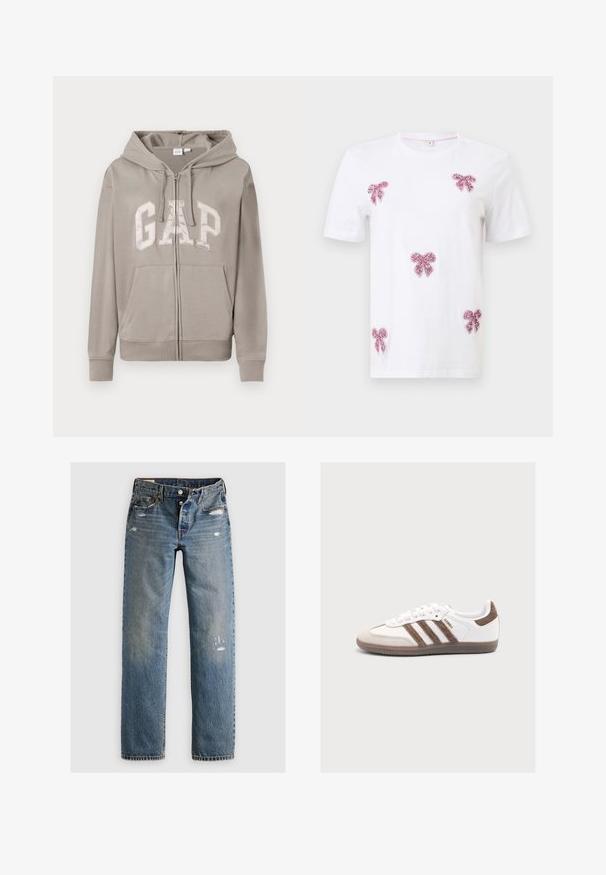 Hellgraue Zip-Hoodie mit Fronttaschen, Kordelzugkapuze und großem "GAP"-Logo in fetten Buchstaben auf der Brust.; Weißes T-Shirt mit kurzen Ärmeln und fünf rosa Pailletten-Schleifenapplikationen auf Vorderseite und Ärmeln.; Blaue Denim-Jeans im geraden Schnitt, mit Rissen und ausgebleichten Bereichen. Der Stoff hat eine strukturierte Oberfläche und genähte Nähte.; Weißer Adidas Samba Sneaker mit braunen Wildlederstreifen, braunem Fersenflicken, beiger Zehenkappe und durchsichtiger Gummisohle, von der Seite gezeigt.