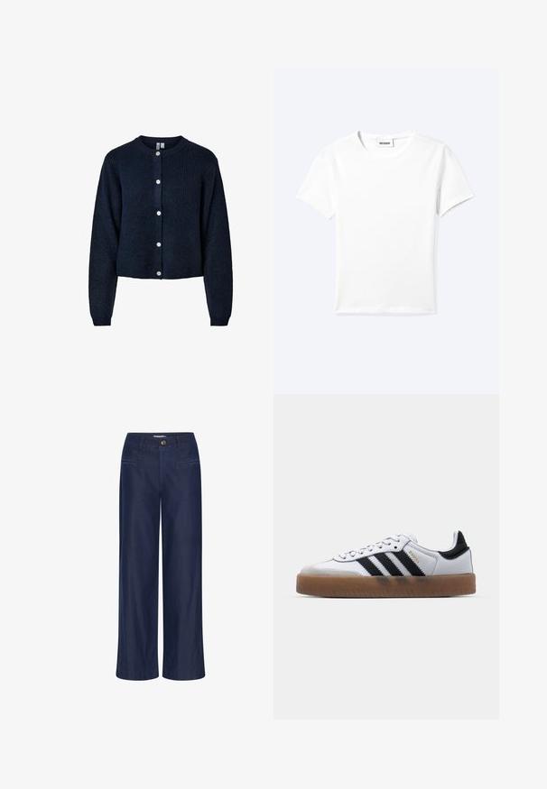 Mørkeblå ribstrikket cardigan med lange ærmer og fem hvide knapper midt foran, rund halsudskæring og cropped længde.; Ensfarvet hvid t-shirt med korte ærmer og rund halsudskæring med en lille "WEEKDAY" label indeni halskanten, vist fladt på en lys baggrund.; ICHI IHFlared - Flared jeans - dark blue; Hvide lædersneakers med sorte striber, gummirubber sål, rund tå, snørelukning og blød grå ruskinds tåhætte.