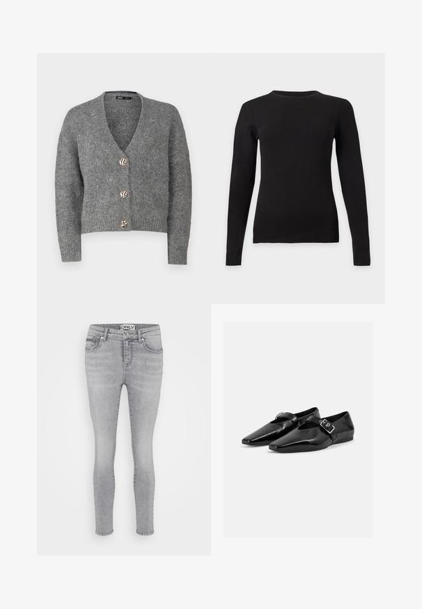 ONLY Petite ONLZOEY CARDIGAN - Vest - dark grey melange; Zwart aansluitend longsleeve T-shirt met ronde hals en een gladde textuur, plat weergegeven op een lichtgrijze achtergrond.; Lichtgrijze skinny jeans van denim, met een standaard ontwerp van vijf zakken, taillebandlussen en een knoopsluiting.; Paar zwarte lakleren platte schoenen met puntige neuzen en een gespenriem over de bovenkant, getoond op een effen lichte achtergrond.