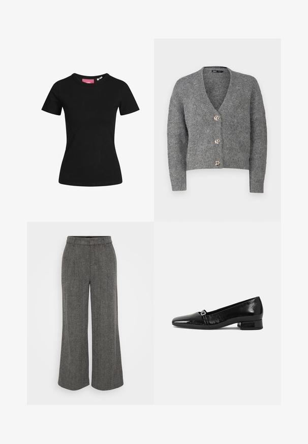 ONLY Petite ONLZOEY CARDIGAN - Vest - dark grey melange; Zwart T-shirt met korte mouwen van katoen. Klassiek ontwerp met ronde hals en een zachte textuur, met een getailleerde snit.; Grijze herringbone wijde broek met een aansluitende tailleband, met een geplooid voorpand en een zachte, gestructureerde stof.; Zwarte laarzen van gepatenteerd leer met een puntige neus, een lage vierkante hak en een kleine metalen gespdetail op de band. Gladde textuur.