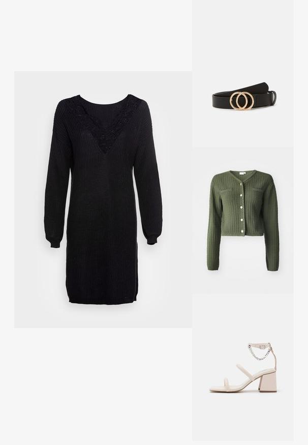 Mørkegrøn strikket cardigan med V-udskæring, lange ærmer og cropped design. Har frontknapper og to brystlommer.; Sort striktrøje kjole med lange ærmer, V-hals og blonderdetaljer ved udskæringen. Ribbet tekstur med sideslids ved kanten.; Free People PARKER CHAIN HEEL - Sandaler - white; Sorte læderbælte med to gyldne cirkulære ringe som spænde, glat tekstur og minimalistisk design. Justerbar længde.