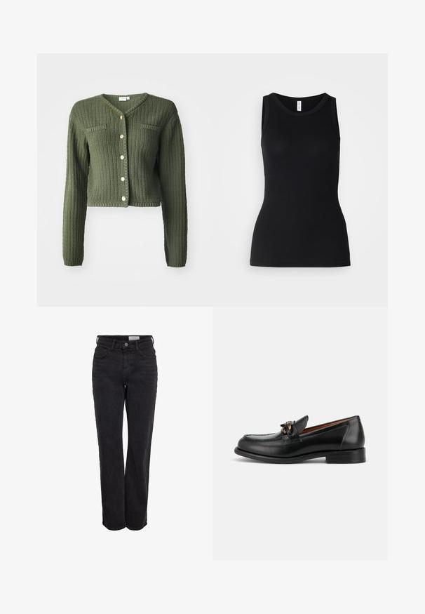 Mørkegrøn strikket cardigan med V-udskæring, lange ærmer og cropped design. Har frontknapper og to brystlommer.; Sort ærmeløs tanktop lavet af ribbet stof, med rund halsudskæring og tætsiddende design, med en glat overflade og uden mønstre.; Sorte højtaljede straight-leg jeans med frontknap og lommer, bæltestropper og subtilt slid på hvid baggrund.; Sort læderloafer med lav hæl, rundet tå og dekorativ metalspænde foran.