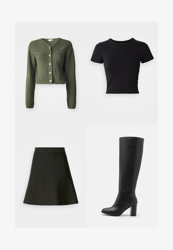 Mørkegrøn strikket cardigan med V-udskæring, lange ærmer og cropped design. Har frontknapper og to brystlommer.; Sort cropped t-shirt lavet af solid bomuld, med korte ærmer og rund halsudskæring, med et glat og enkelt design.; Sort A-linje nederdel med tætsiddende talje, glat tekstur og let udslip ved nederste kant på ensfarvet lys baggrund.; Sorte knæhøje støvler lavet af glat læder, med en kraftig hæl og rund tå. Minimalistisk design uden synligt hardware eller dekorationer.