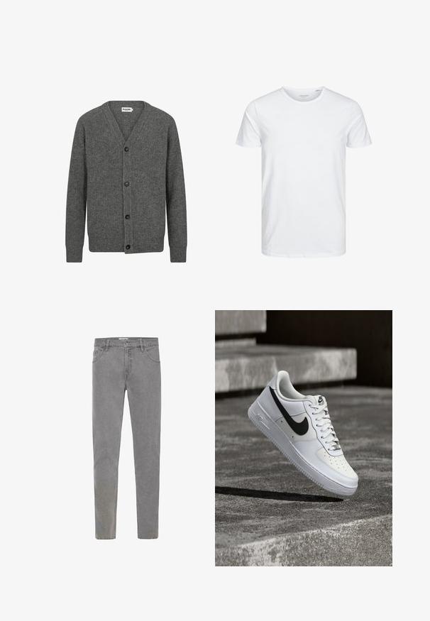 Grå strikket cardigan med V-hals, frontknapper, ribbet tekstur og lange ærmer. Har fem mørke knapper langs fronten.; Rundhals kortærmet t-shirt i ensfarvet hvid, lavet af blød bomuld, har et simpelt design uden synlige mønstre eller detaljer.; Grå denim jeans med slim fit, fem lommer, bæltestropper og en enkelt knaplukning. Teksturen er let slidte for et afslappet look.; Hvid Nike Air Force 1-sneaker med sort swoosh, snørebånd bundet, placeret i luften over tekstureret betonoverflade udendørs.