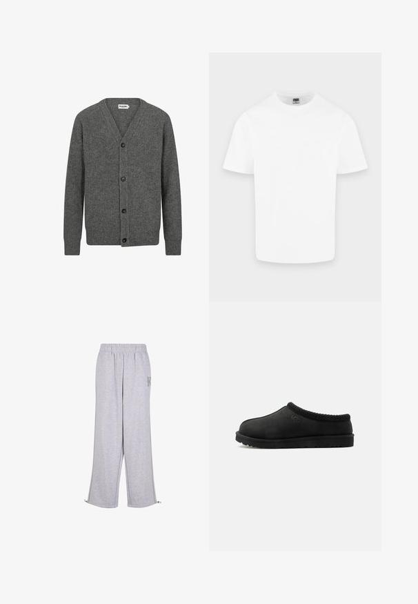 Cardigan en tricot gris avec un col en V, des boutons à l'avant, une texture côtelée et des manches longues. Dispose de cinq boutons noirs le long de la patte de boutonnage.; T-shirt blanc uni en coton à manches courtes et col rond présenté sur un fond gris clair.; Karl Kani Pantalon de survêtement - grey; Chausson noir à enfiler UGG avec une semelle souple et une bordure tricotée autour du col, vue de côté sur fond blanc.