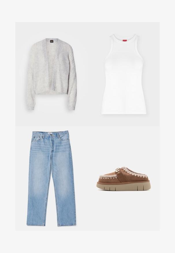 Geknipte, open voorkant cardigan in lichtgrijs, gemaakt van een zachte, textuurgebreide stof. Licht losse mouwen met geribbelde boorden en zoom.; Wit mouwloos geribd tanktopje met hoge ronde hals en aansluitende pasvorm, weergegeven op een effen lichte achtergrond.; Lichtblauwe denim jeans met een recht silhouet, knoopsluiting, vijf zakken en subtiele vervagingen in de stof.; Bruine leren instapper met een beige rubberen zool, contrasterend gevlochten detail op de bovenkant en een decoratieve gesp-accent.