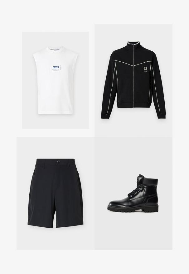 Veste noire zippée avec surpiqûres blanches, col montant, manches longues et logo floral avec "HUGO" sur la poitrine gauche.; T-shirt blanc sans manches à col rond avec un patch rectangulaire centré du logo HUGO en bleu et blanc sur la poitrine.; Shorts noirs ajustés avec taille boutonnée, passants pour ceinture et poches latérales zippées sur un fond clair uni.; Bottine en cuir noir avec une finition brillante, design à lacets, col rembourré et semelle en caoutchouc robuste avec des grips de traction.