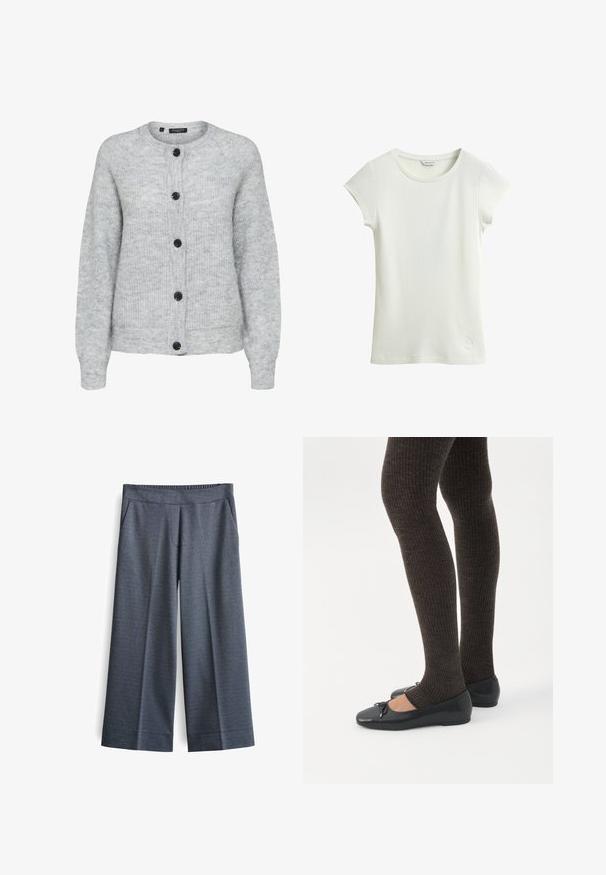 Lichtgrijze gebreide cardigan met lange mouwen en vijf zwarte knopen aan de voorkant, ronde halslijn en geribbelde randen.; Wit geribd gebreid T-shirt met korte mouwen, ronde halslijn en aansluitend model op een witte achtergrond.; Wijde broek in donkergrijze stof. Voorzien van een elastische tailleband, twee voorkantzakken en een gladde textuur met een subtiel patroon.; Benen met donkere geribbelde leggings gecombineerd met zwarte ballerina's met kleine strikdetails op een witte achtergrond.