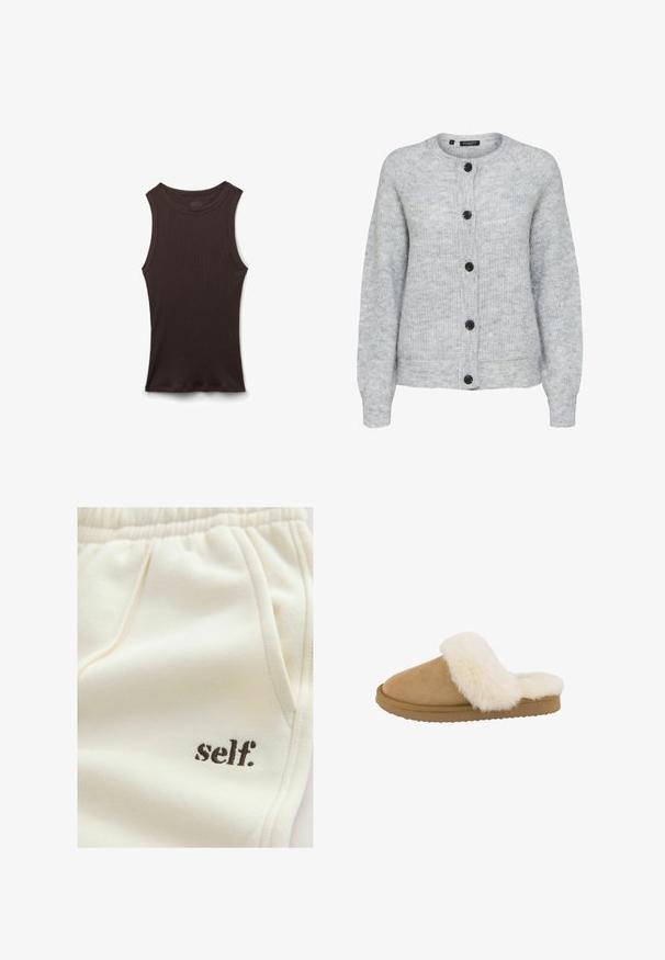 Lysegrå strikket cardigan med lange ærmer og fem sorte knapper foran, rund halsudskæring og ribkanter.; Ærmeløs sort ribstrikket tanktop med rund halsudskæring, vist liggende fladt på en hvid baggrund.; Svedbukser i cremefarvet stof med blød tekstur, elastisk taljebånd, sidelommer og "self." broderet i brun.; Tan ruskinds slippers med en cremefarvet faux fur krave, rund tå og tekstureret gummisål. Har et slip-on design for nem påføring.