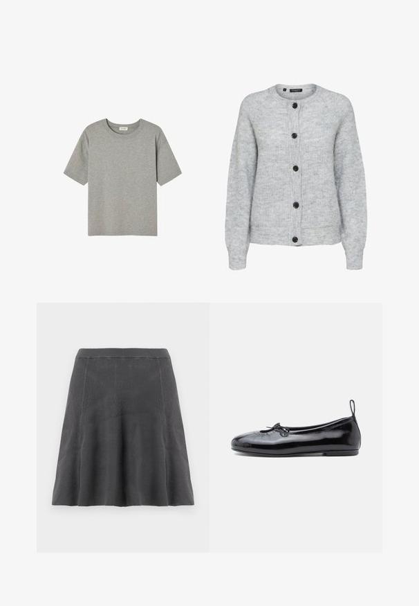 Lysegrå strikket cardigan med lange ærmer og fem sorte knapper foran, rund halsudskæring og ribkanter.; Grå T-shirt med korte ærmer lavet af blød bomuld, med runde halsudskæring og afslappet pasform uden fremtrædende mønstre eller detaljer.; Grå A-formet nederdel i strik med ribbet tekstur, en tætsiddende talje og udvidet kant, der giver en glat silhuet og et afslappet design.; Sorte patenterede læder ballet flats med rund tå, lille sløjfedetalje og glat tekstur; har en lav flad sål og en træksløjfe ved hælen.