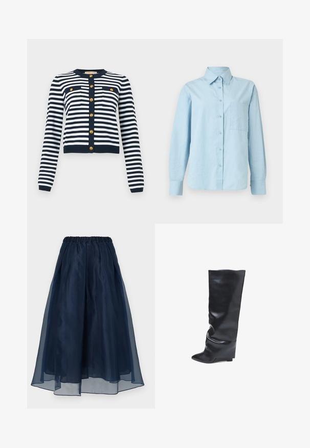 Marineblaue und weiße, gestreifte Langarm-Strickjacke mit goldfarbenen Knöpfen vorne und an den Brusttaschen, rundem Ausschnitt.; Hellblaues Langarm-Hemd mit Knopfleiste, Kragen und Brusttasche, auf weißem Hintergrund dargestellt.; Marineblauer Midirock mit elastischem Bund und transparentem Überzug, mit einem fließenden, geschichteten Design vor einfarbigem Hintergrund.; Bata Keilstiefel - nero