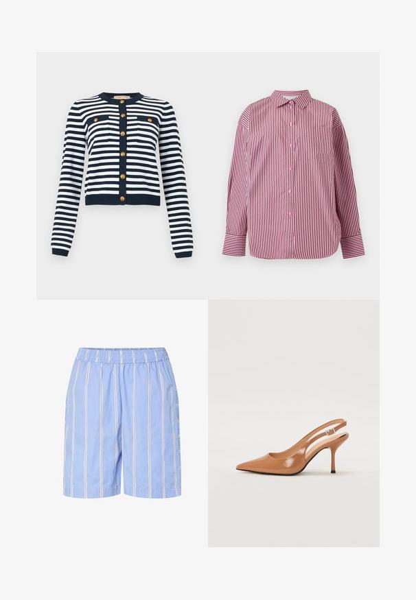 Cardigan à manches longues rayé bleu marine et blanc avec des boutons dorés sur le devant et sur les poches poitrine, col rond.; Chemise rose à manches longues avec des rayures noires verticales, fermeture boutonnée à l'avant, col et poche poitrine.; Shorts bleu clair à taille élastique avec des fines rayures verticales blanches, beige et foncées, longueur genoux, style décontracté.; Escarpin à talon slingback à bout pointu en matériau beige lisse et brillant. Présente un design de découpes courbées et un talon aiguille fin. Détail de boucle en argent.