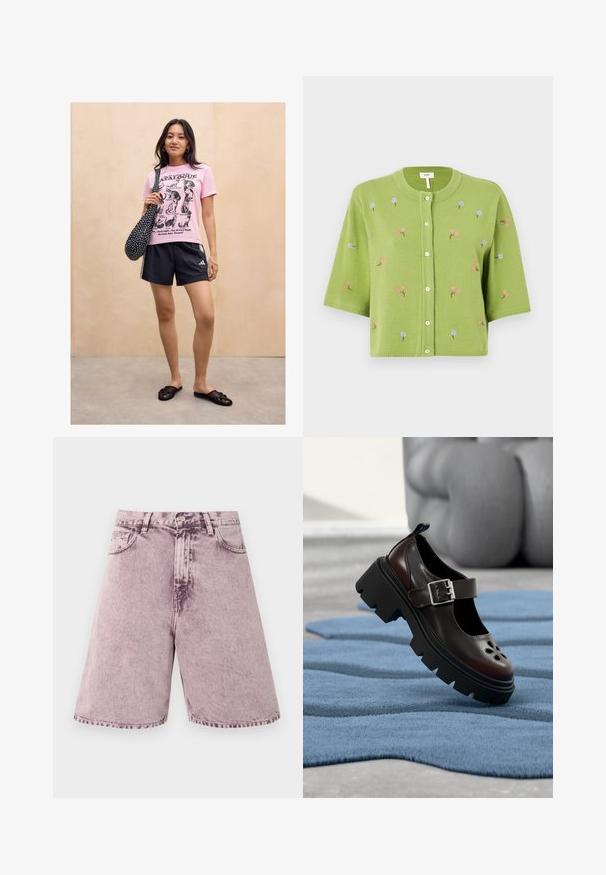 Grøn strikket cardigan med korte ærmer, prydet med pink og blå blomsterbroderi, rund halsudskæring og frontlukning med knapper.; Kvinde står mod en lys trævæg iført en lyserød kattemotiveret t-shirt, sorte sportsshorts, sorte slip-on sandaler og bærer en sort taske med prikker.; Højtaljede, falmede lilla denimshorts med knaplukning foran, bæltestropper og forlommer.; Sort Mary Jane-sko med kraftig sål, sølvspænde og blomsterudskæringer, vist på en struktureret blå overflade indendørs.