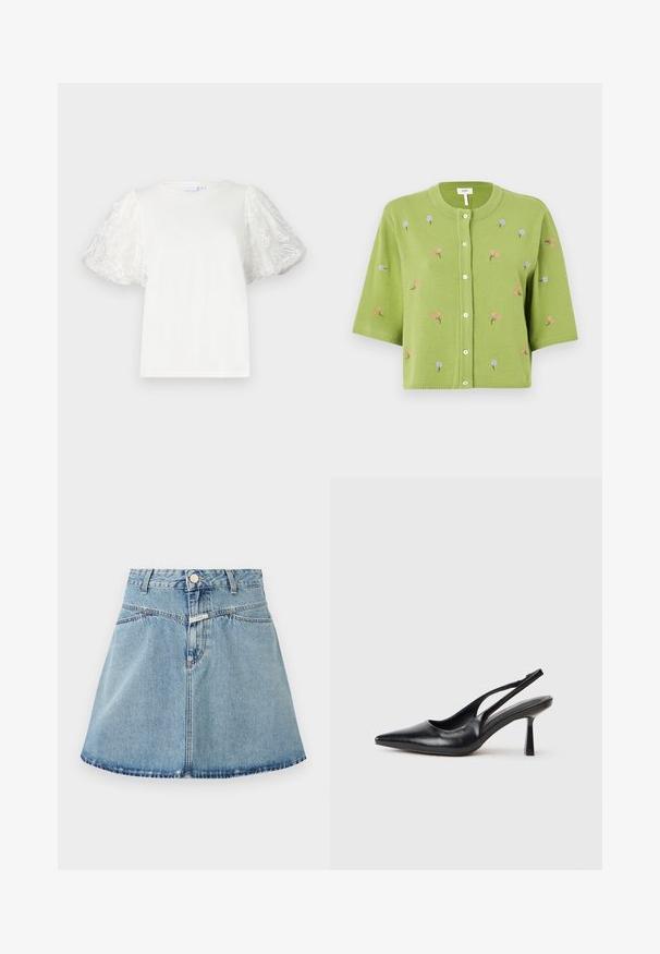 Cárdigan verde de punto con mangas cortas, que presenta bordados florales en rosa y azul, escote redondeado y cierre frontal de botones.; Camiseta blanca con mangas cortas y abullonadas de tela transparente que presenta bordados florales. Cuello redondo, corte relajado, textura suave.; Falda de mezclilla azul claro con diseño acampanado en línea A, que cuenta con cierre de botones, dos bolsillos delanteros y un dobladillo que se curva hacia arriba.; Zapato de tacón alto negro de cuero con puntera afilada y tacón delgado sobre un fondo blanco.