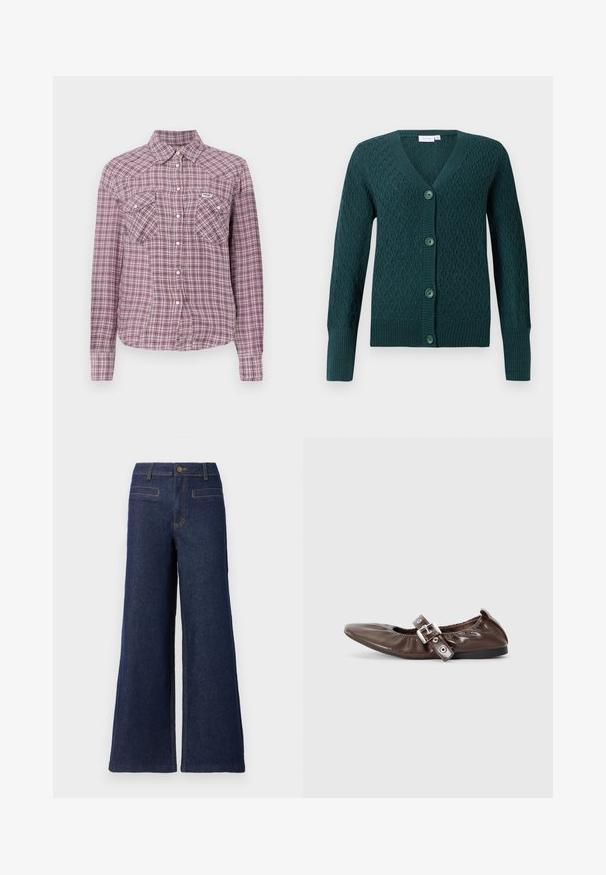 Donkergroene cardigan met een gestructureerd ruitpatroon, v-hals en zes bijpassende knopen. Beschikt over geribbelde manchetten en zoom.; Paarse en roze geruite button-up shirt met een kraag, twee borstzakken en lange mouwen. Gemaakt van stof met een geblokt patroon.; Spijkerbroek met hoge taille in donkerblauw, met wijde pijpen, bovenste knoopsluiting en contrasterende oranje stiksels. Twee achterzakken zichtbaar.; Bruine gepatineerde leren ballerina met een spitse neus, elastische strikdetail en een zilveren gespaccent aan de zijkant. Zwarte rubberen zool.