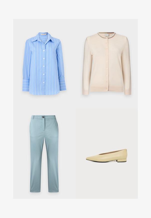 Cardigan boutonné beige crème à manches longues avec bordure à rayures multicolores autour du col rond.; Chemise bleu clair à manches longues avec rayures blanches verticales et col pointu, présentée sur un fond blanc.; Pantalon bleu clair ajusté avec un bouton à l'avant, des passants de ceinture et une coupe droite, sur un fond uni.; Chaussure femme en cuir beige avec talon bas, bout pointu et design minimaliste, présentée de profil sur un fond uni.