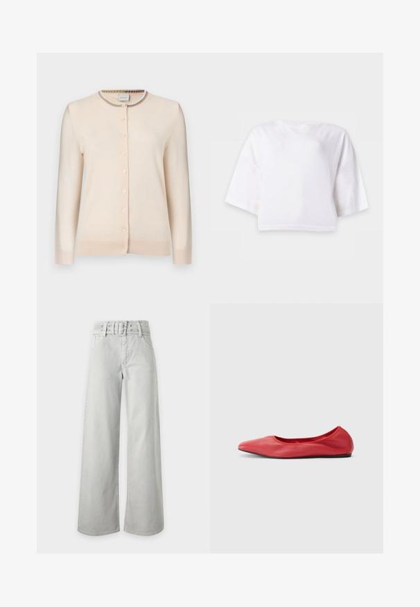 Cardigan boutonné beige crème à manches longues avec bordure à rayures multicolores autour du col rond.; T-shirt blanc court, ample, manches courtes avec col rond sur fond uni.; Jean gris clair taille haute à jambes larges, avec poches avant, passants de ceinture et ceinture en tissu assortie avec boucle.; Filippa K REY FLATS - Ballerines - bright red