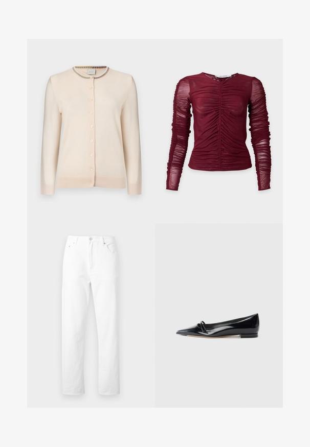 Cardigan boutonné beige crème à manches longues avec bordure à rayures multicolores autour du col rond.; Haut transparent bordeaux à manches longues avec détails froncés le long du centre et des manches, silhouette ajustée et encolure ronde.; Jean denim blanc à jambes droites avec poches avant, passants pour ceinture et fermeture par bouton, présenté sur un fond blanc uni.; Chaussure plate en cuir verni noir avec un bout pointu, une petite lanière décorative et un petit talon carré. Texture lisse et design épuré.