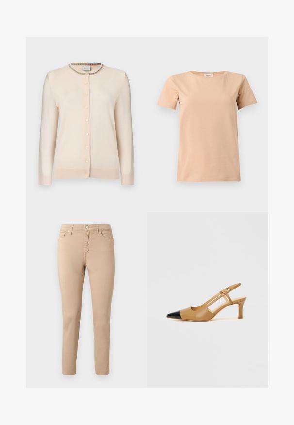 Cardigan boutonné beige crème à manches longues avec bordure à rayures multicolores autour du col rond.; T-shirt beige manches courtes avec col rond et ourlet droit sur un fond uni gris clair.; Pantalon beige slim-fit avec bouton à l'avant, fermeture éclair, passants pour ceinture et cinq poches, présenté sur un fond clair uni.; Escarpins slingback couleur fauve avec embout pointu noir, côtés découpés et talon bloc de hauteur moyenne. Matière en cuir lisse.