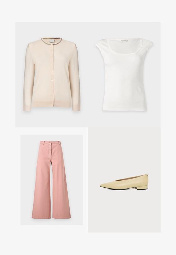 Cardigan boutonné beige crème à manches longues avec bordure à rayures multicolores autour du col rond.; Haut blanc sans manches côtelé avec un col rond et de petites épaulettes, présenté sur un fond clair uni.; Pantalon taille haute à jambes larges de couleur rose pâle, avec fermeture à bouton et zip à l'avant, passants pour ceinture et poches latérales.; Chaussure femme en cuir beige avec talon bas, bout pointu et design minimaliste, présentée de profil sur un fond uni.