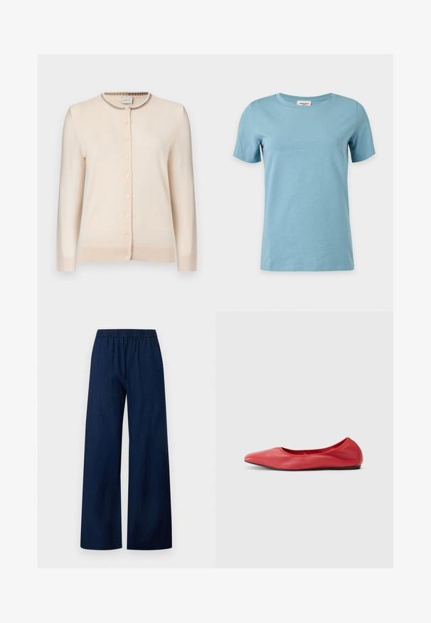 Cardigan boutonné beige crème à manches longues avec bordure à rayures multicolores autour du col rond.; T-shirt bleu clair à manches courtes et col rond avec un design simple et uni, présenté sur fond blanc.; Pantalon bleu marine à jambes larges avec taille élastique et devant plat, en tissu léger.; Filippa K REY FLATS - Ballerines - bright red