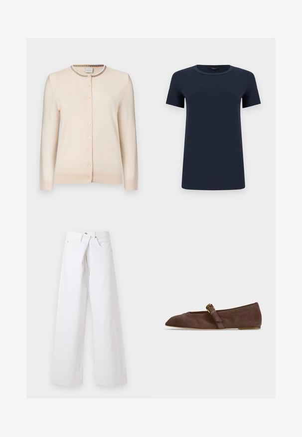 Cardigan boutonné beige crème à manches longues avec bordure à rayures multicolores autour du col rond.; T-shirt en coton bleu marine à manches courtes avec col rond, présenté à plat sur un fond blanc.; Jean en denim blanc à jambes larges avec poches avant, passants pour ceinture et fermeture par bouton, présenté sur un fond clair uni.; Chaussure plate en daim marron avec bout pointu et bride à boucle dorée sur le côté, vue de profil sur fond blanc.