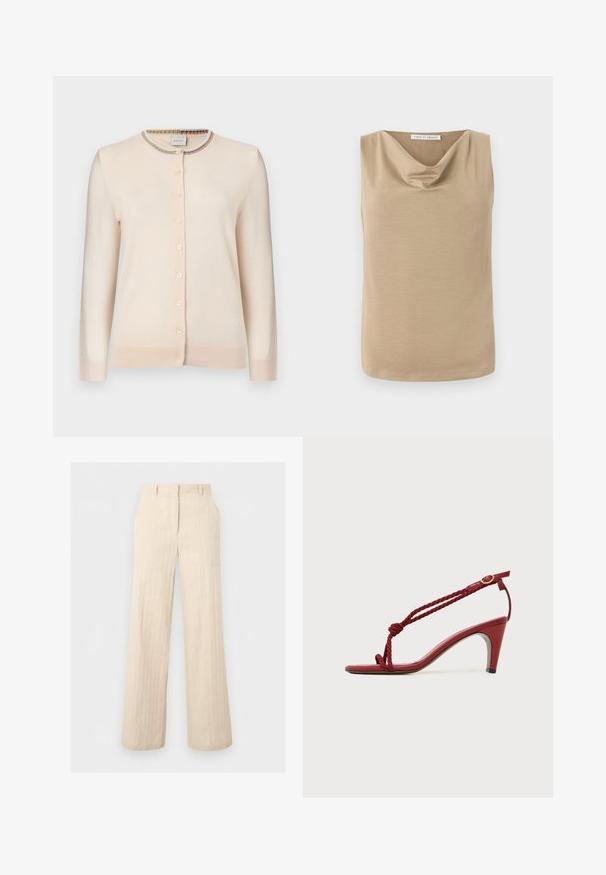 Cardigan boutonné beige crème à manches longues avec bordure à rayures multicolores autour du col rond.; Blouse beige sans manches avec encolure drapée et ourlet droit, en tissu lisse, étiquette Tiger of Sweden à l'intérieur du col.; Pantalon beige taille haute à jambes larges avec passants pour ceinture et détails de coutures, présenté à plat sur un fond gris clair.; Sandale rouge à talon haut avec des fines lanières torsadées et une boucle à la cheville, présentée sur un fond clair uni.