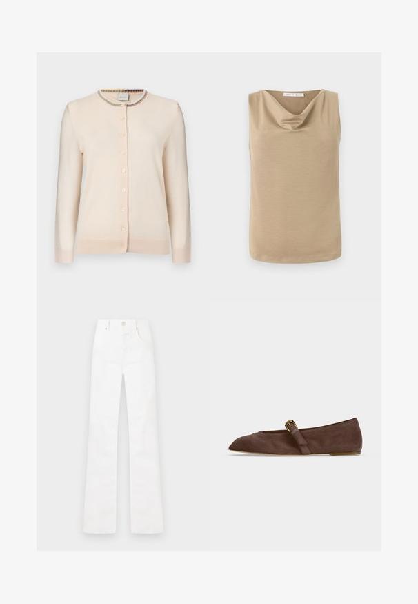Cardigan boutonné beige crème à manches longues avec bordure à rayures multicolores autour du col rond.; Blouse beige sans manches avec encolure drapée et ourlet droit, en tissu lisse, étiquette Tiger of Sweden à l'intérieur du col.; Jean blanc taille haute à jambe droite avec fermeture à boutons et zip à l'avant, poches latérales, et passants pour ceinture, présenté à plat sur un fond blanc.; Chaussure plate en daim marron avec bout pointu et bride à boucle dorée sur le côté, vue de profil sur fond blanc.