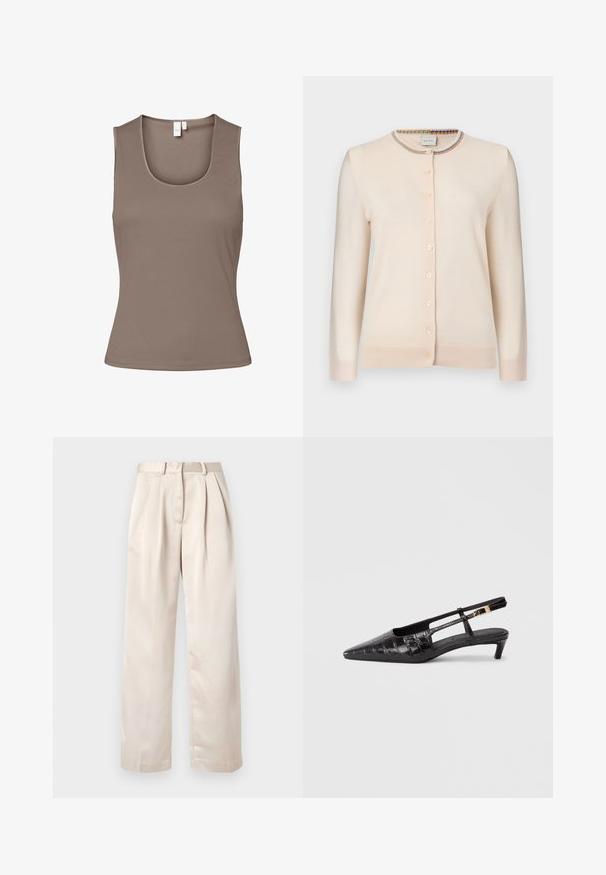 Krembeige cardigan med knapper, lange ærmer og flerfarvet stribet kant rundt om den runde halslinning.; Brun ærmeløs top lavet af glat, strækbart stof. Har en dyb udskæring og en tætsiddende pasform med minimale sømme og ingen udsmykninger.; Beige plisserede bukser med et lige bendesign, lavet af et glat, let stof; har en taljebånd med bæltestropper.; Sort læder slingback sko med spidse tæer og krokodillemønster, lille stablet hæl og justerbar rem med metal spænde detaljer.