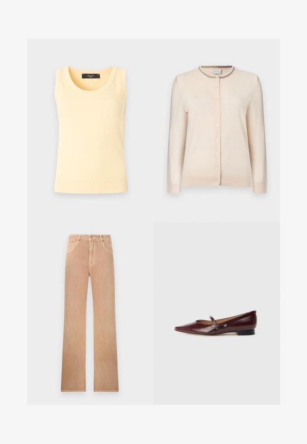 Cardigan boutonné beige crème à manches longues avec bordure à rayures multicolores autour du col rond.; Débardeur en maille côtelée sans manches de couleur jaune pâle avec col rond et étiquette de marque noire à l'intérieur du col.; Jean taille haute à jambes droites de couleur marron clair avec bouton frontal, fermeture éclair, passants de ceinture et design à cinq poches.; Chaussure plate en cuir verni bordeaux avec un bout pointu et une sangle décorative sur le cou-de-pied. Présente un petit talon noir.