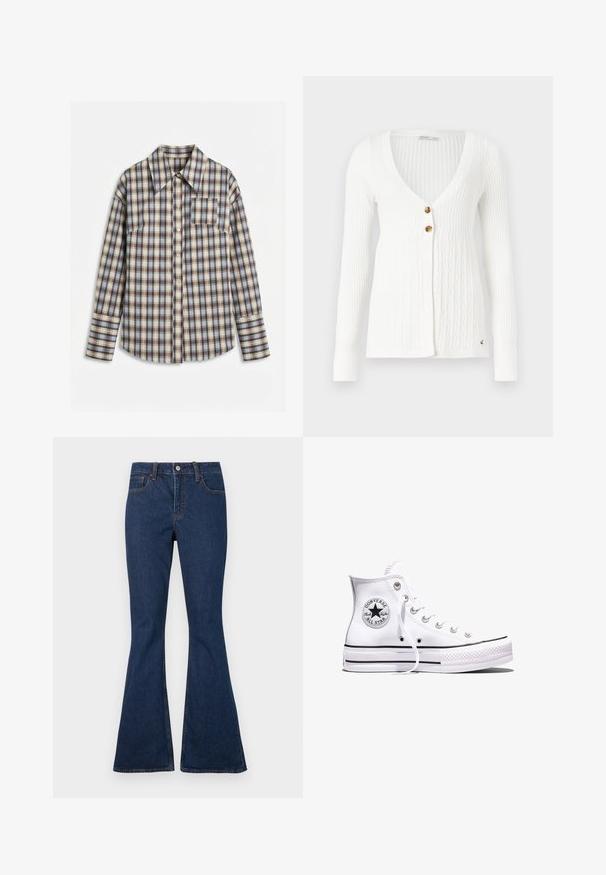 Λευκό πλεκτό cardigan με V-λαιμόκοψη, μακριά μανίκια, τρία καφέ κουμπιά και υφασμάτινο σχέδιο καλωδίου κατά μήκος του σώματος.; Καρό πουκάμισο με κουμπιά και μακριά μανίκια σε αποχρώσεις μπλε, καφέ και κρεμ, με τσέπη στο μπροστινό μέρος του στήθους, απλωμένο επίπεδα πάνω σε λευκή επιφάνεια.; Σκούρο μπλε τζιν με εφαρμοστή μέση και καμπυλωτά μπατζάκια, με μπροστινές τσέπες και εμφανείς ραφές σε αντίθεση.; Λευκό ψηλό αθλητικό παπούτσι Converse Chuck Taylor All Star με μαύρες ρίγες και λογότυπο στο πλάι, τοποθετημένο σε απλό λευκό φόντο.