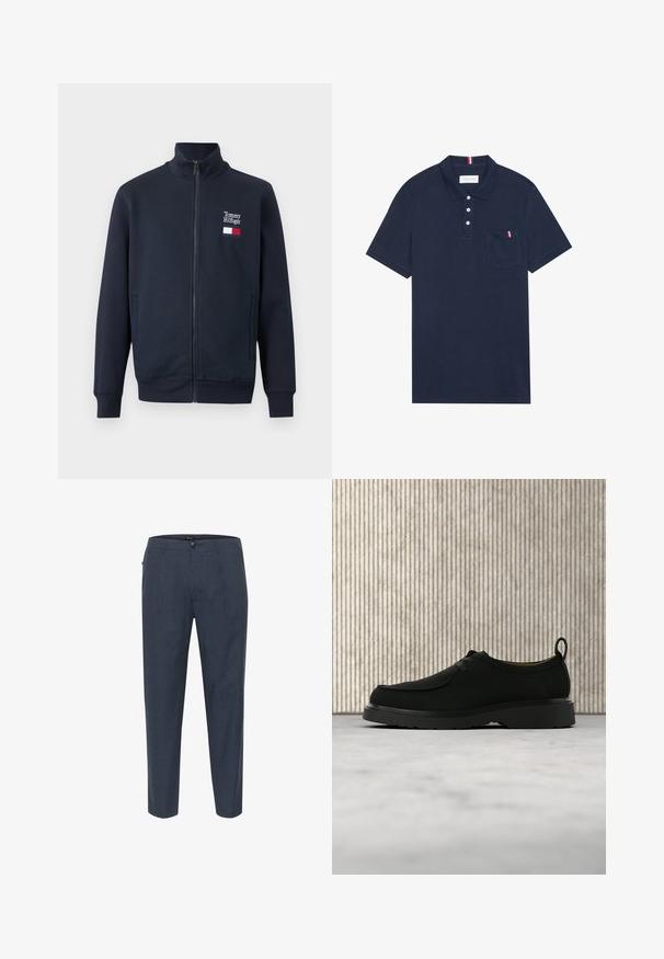 Marineblauwe zip-up jas met opstaande kraag, zijzakken en klein Tommy Hilfiger-logo en vlag op de linkerborst.; Marine polo shirt van katoen met een kraag, een drieknoopsluiting en een linkse borstzak met een rood, wit en blauwe accentstreep.; Donkerblauwe tapse herenbroeken met knoopsluiting, riemlussen en zijzakken, gepresenteerd op een witte achtergrond.; Zwarte casual leren schoen met veters, dikke zool en treklus, zwevend boven een beige tapijt met een bruine, afgeronde meubelstuk op de achtergrond.