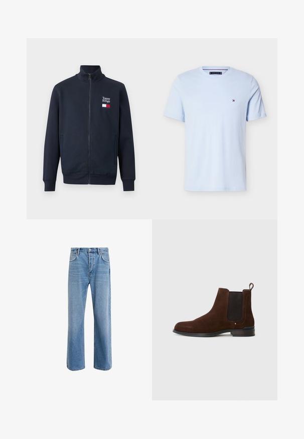 Marineblå lynlåstrøje med opretstående krave, sidelommer og lille Tommy Hilfiger-logo og flag på venstre bryst.; Lyseblå, kortærmet T-shirt med rund hals og lille Tommy Hilfiger-flaglogo på venstre bryst.; Lyseblå denim jeans med lige ben-design, fem lommer, knaplukning, minimal falming og kontraststingdetaljer.; Brune ruskinds Chelsea støvle med elastiske sidepaneler, rund tå og en lille strop bagpå; sort gummisål med subtil tekstur.