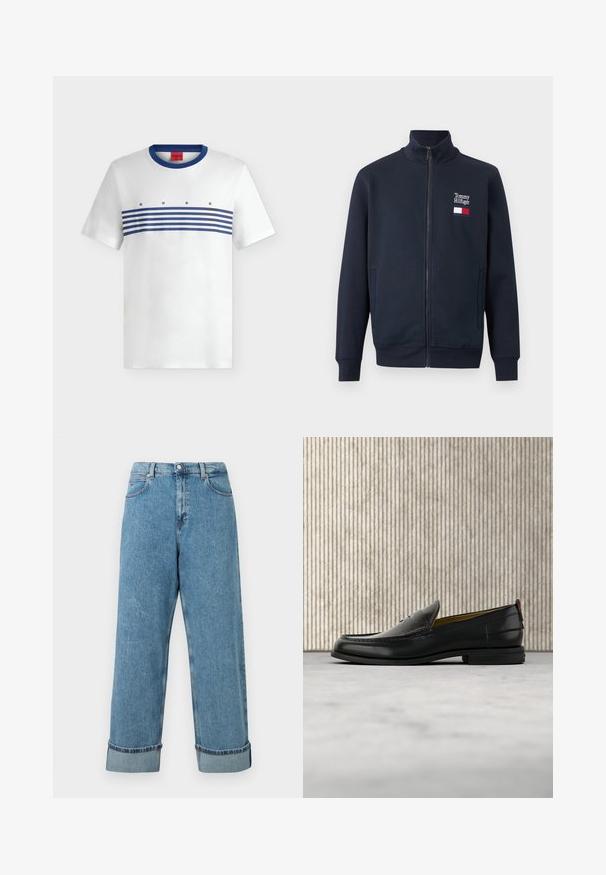 Veste zippée bleu marine avec col montant, poches latérales et petit logo Tommy Hilfiger avec drapeau sur le côté gauche de la poitrine.; T-shirt blanc à manches courtes avec col rond bleu, rayures horizontales bleues sur la poitrine et texte "HUGO" au-dessus des rayures.; Jeans en denim bleu taille haute avec des jambes larges et des ourlets retroussés, dotés de poches avant et de passants de ceinture.; Mocassin pour homme en cuir noir avec un dessus embossé effet croco et un petit talon, présenté de profil sur un fond neutre.