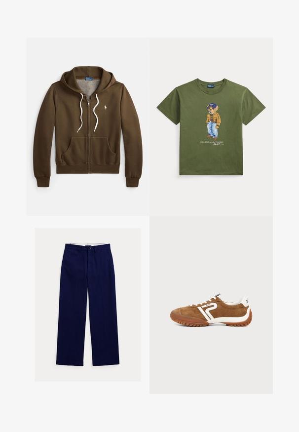 Sudadera con capucha color oliva con cremallera, confeccionada en material suave, con capucha ajustable, bolsillos delanteros, puños acanalados y un pequeño logo decorativo.; Camiseta verde oliva con un gráfico de un oso que lleva gafas de sol, una gorra, una chaqueta marrón y vaqueros azules, con texto Polo Bear de Ralph Lauren.; Pantalones azul marino de corte recto con trabillas para cinturón, cierre frontal con botones y bolsillos laterales sobre fondo blanco.; Zapatilla deportiva de ante marrón de corte bajo con detalles blancos, suela de goma, cordones blancos y logo de Polo en el lateral y el talón, vista lateral.